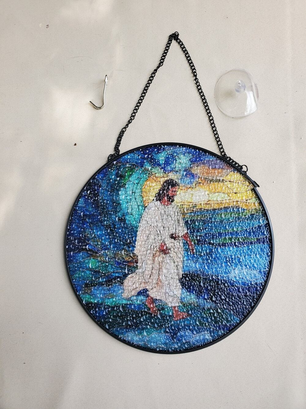 Jesus Walking Water Suncatcher Stained Glass Round 8" Hanging Christian Decor